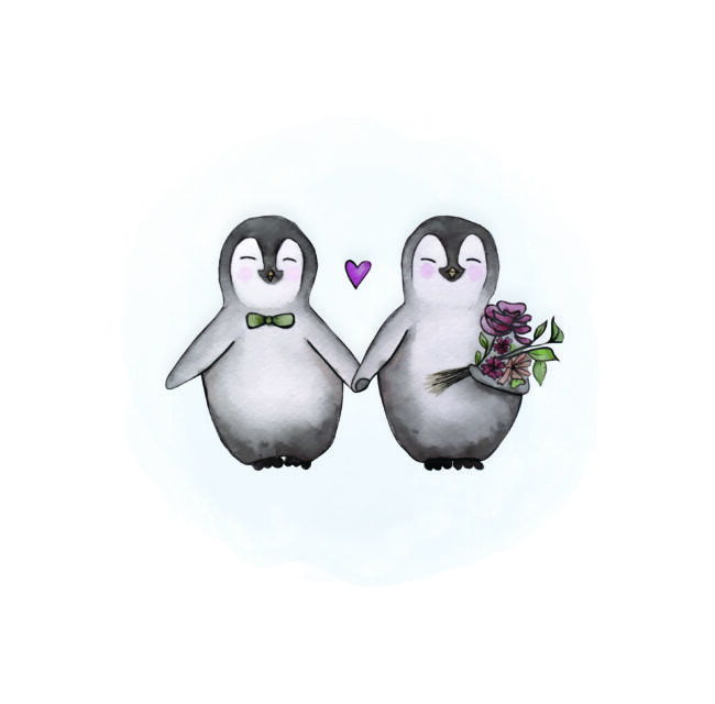 Dwarsdenker_Graphic design_Watercolor_Pinguin Huwelijkskaart