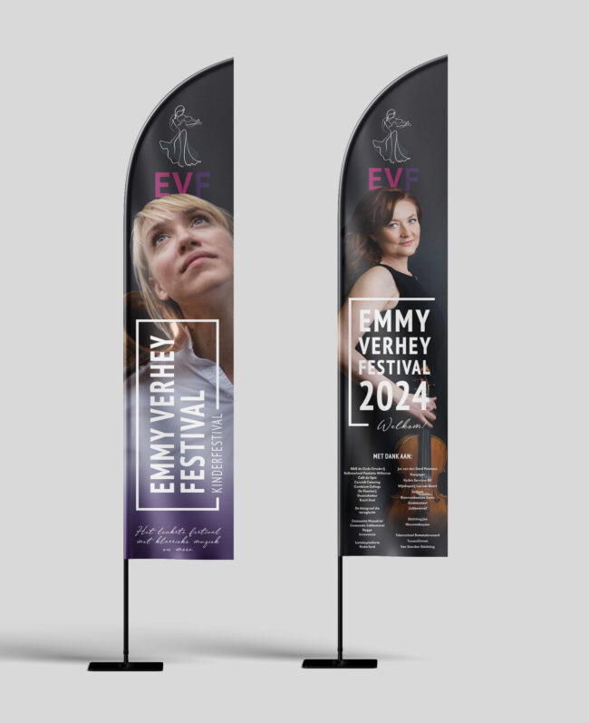 Creatieve ontwerpen voor beachflags en reclame-uitingen.
